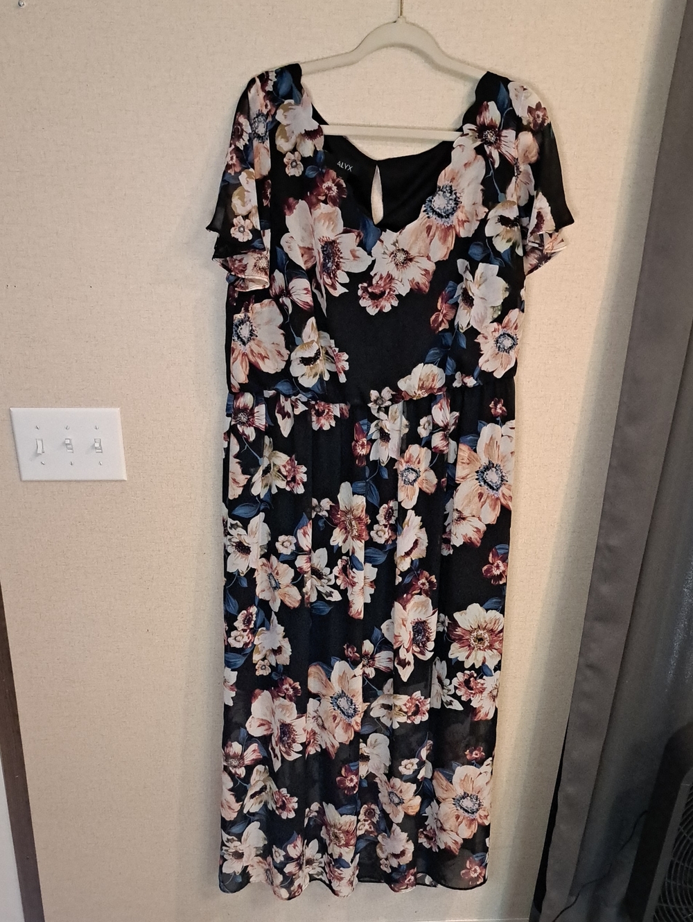 Alyx Black Maxi Dress with Cream and Blue Floral Motif DR57